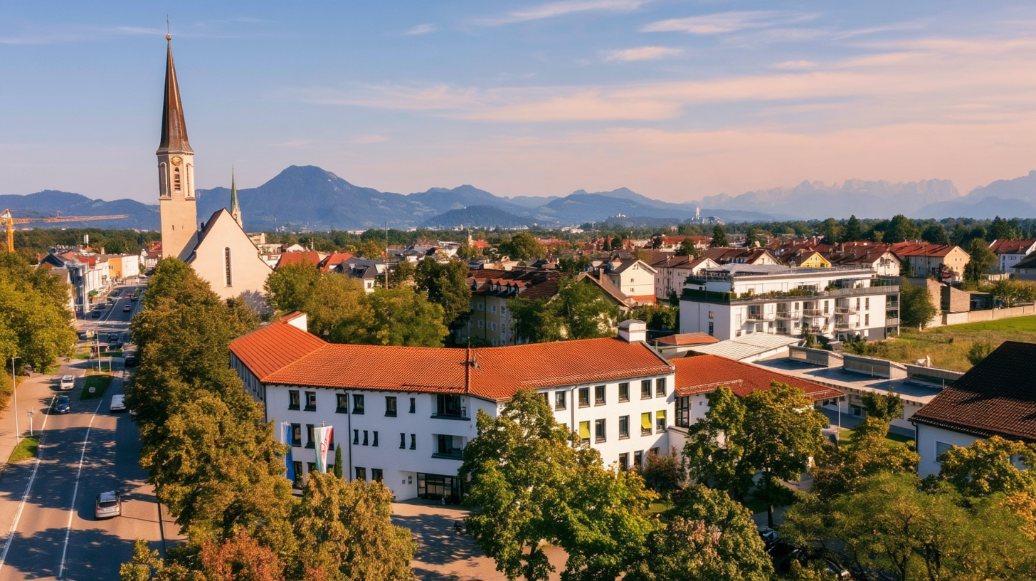 Aerial view of Freilassing, Germany, with the Royce Business Centers building